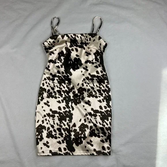 Urban Outfitters Cream and Brown Cow Print Fitted Mini Dress Size S - Picture 2 of 5